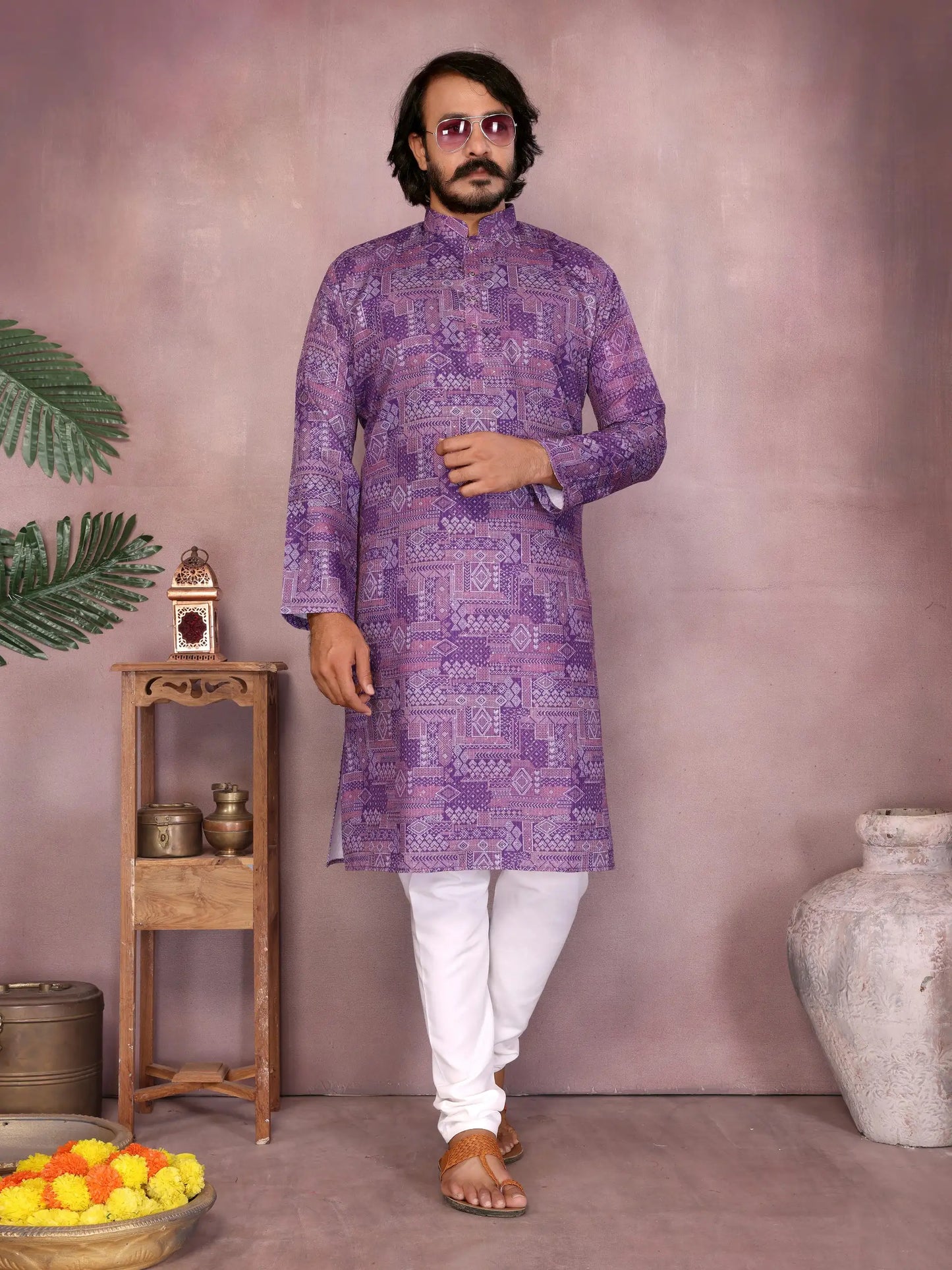 Men's purple cotton kurta with sequence work