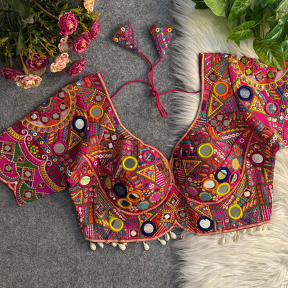 Navratri Special Real Multi Mirror Work Apple Cut Stylish Blouse