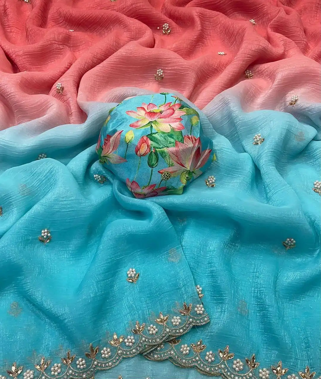 Shaded Kangan aqua chiffon party wear saree with moti embroidery – Murugan Attire
