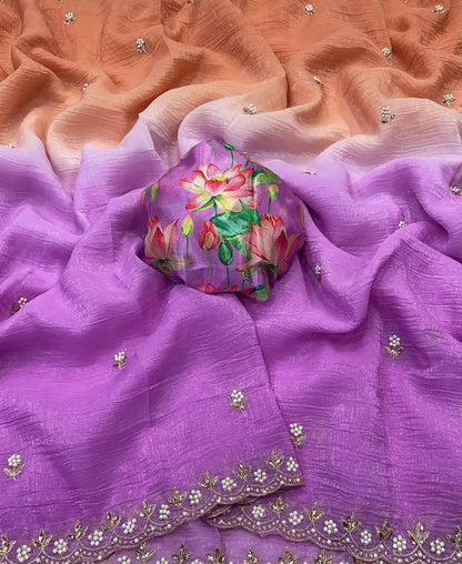 Shaded Kangan levender chiffon party wear saree with hand moti work – Murugan Attire