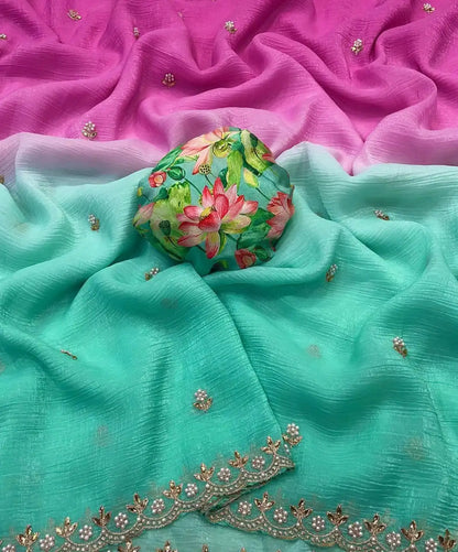 Shaded Kangan mint green chiffon party wear saree with floral embroidery – Murugan Attire