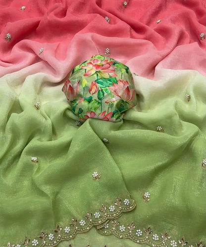 Shaded Kangan moss green chiffon party wear saree with moti embroidery – Murugan Attire