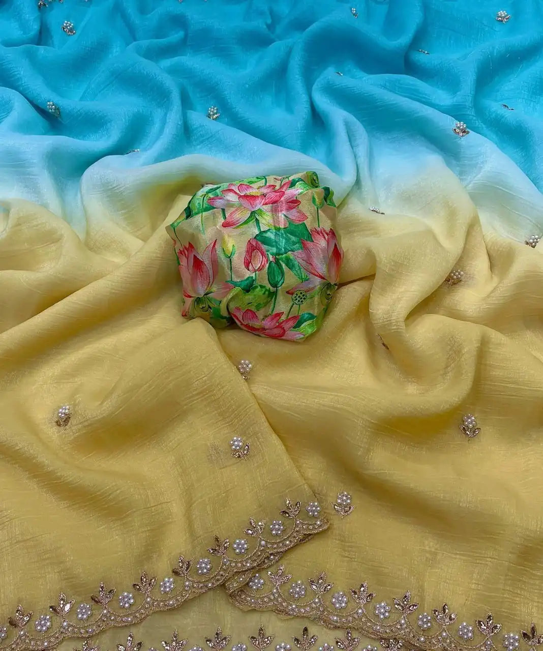 Shaded Kangan yellow chiffon party wear saree with floral digital print – Murugan Attire