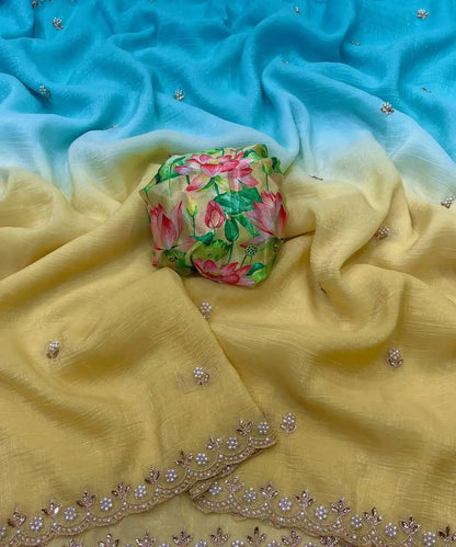 Shaded Kangan yellow chiffon party wear saree with floral digital print – Murugan Attire
