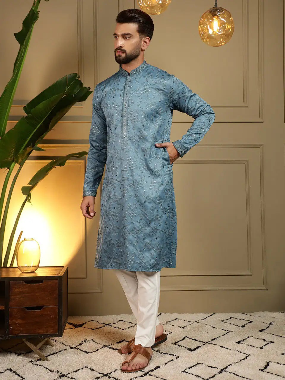 Men’s Heavy Khadi Cotton Embroidery Mirror Work Kurta Pyjama Set with Semi Cotton Chudidar – Festive & Wedding Wear Vantara-07