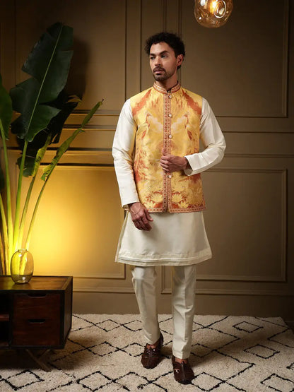 Mor Koti Set – Men’s Jacquard 3D Weaving Koti with Slub Silk Kurta & Pant | Premium Wedding & Festive Wear (3-Piece Set)